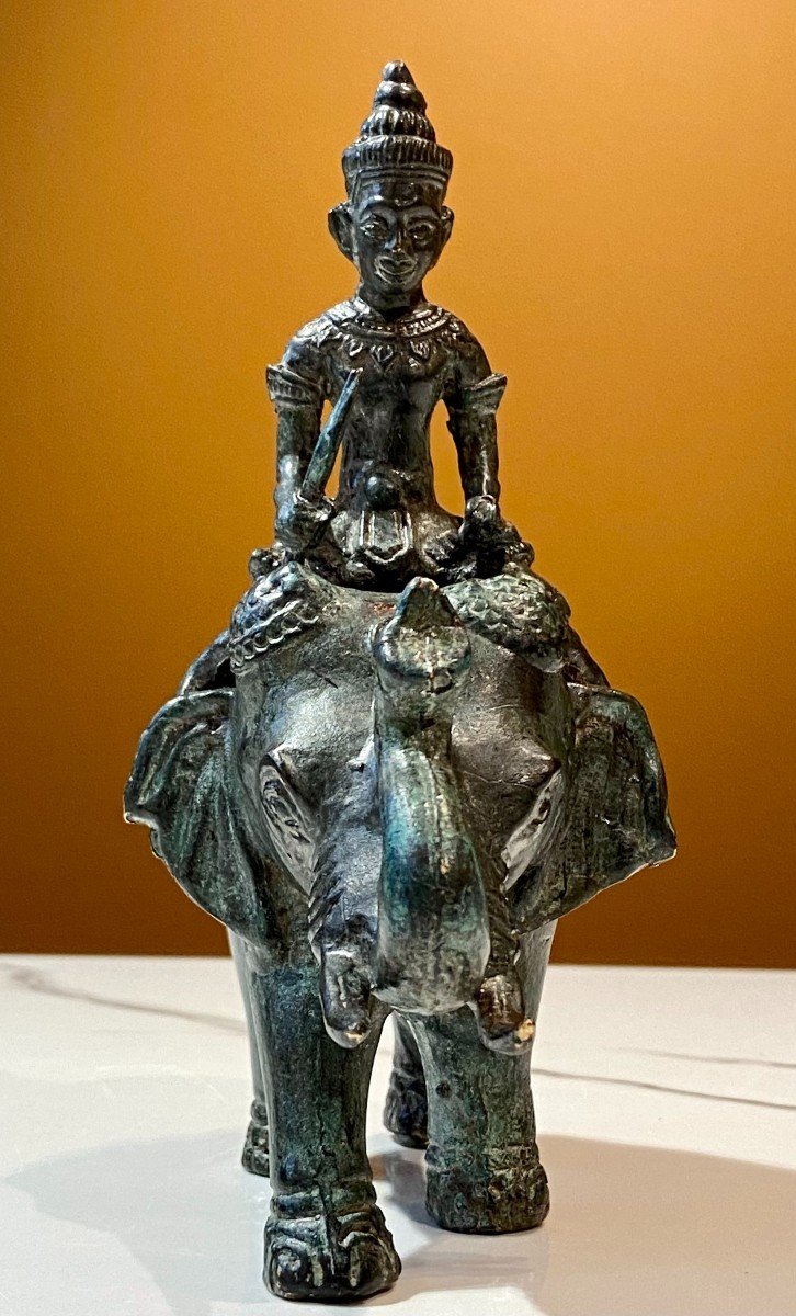 Cambodia, Mid-20th Century, Bronze Figuring A Cornac Soldier Perched On An Elephant.-photo-4
