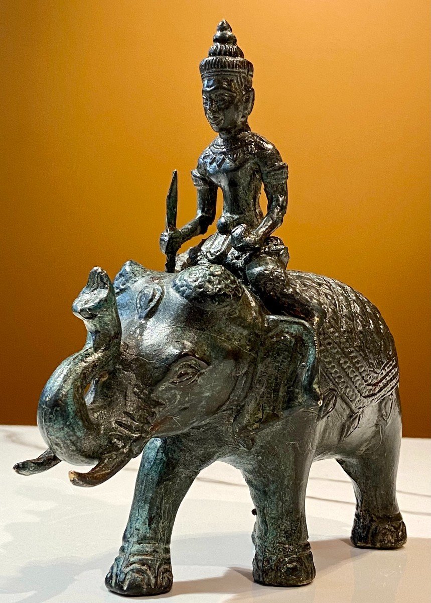 Cambodia, Mid-20th Century, Bronze Figuring A Cornac Soldier Perched On An Elephant.-photo-1