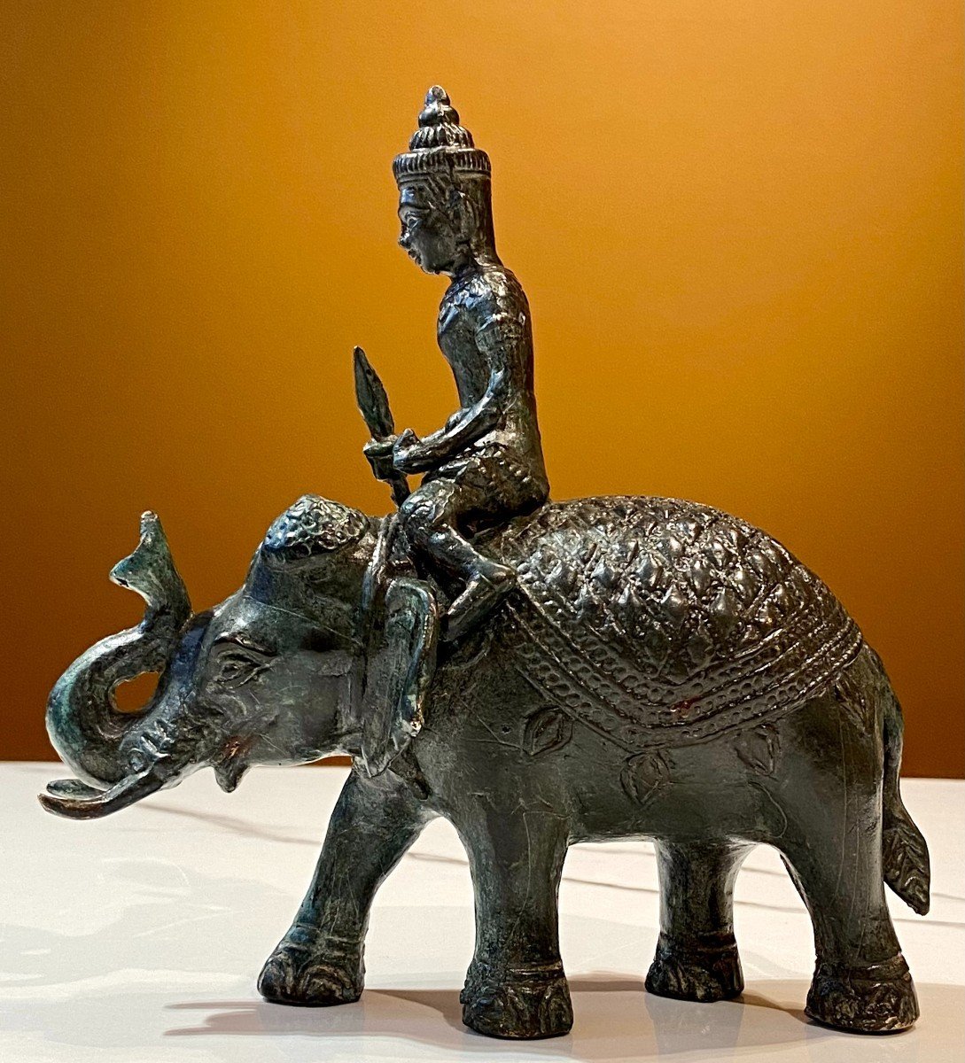 Cambodia, Mid-20th Century, Bronze Figuring A Cornac Soldier Perched On An Elephant.-photo-2