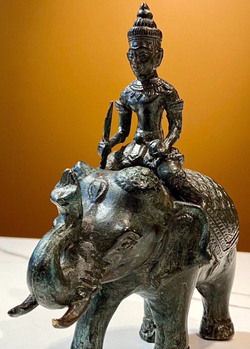 Cambodia, Mid-20th Century, Bronze Figuring A Cornac Soldier Perched On An Elephant.-photo-6