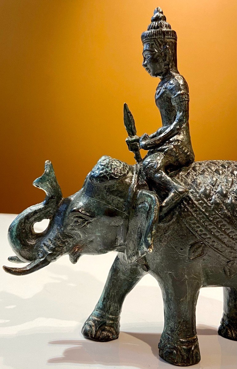 Cambodia, Mid-20th Century, Bronze Figuring A Cornac Soldier Perched On An Elephant.-photo-7