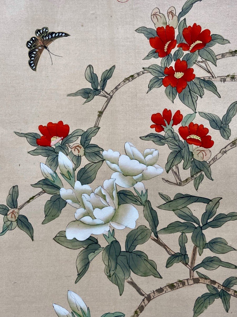 China, 1950s, Butterfly Silk Painting Among Vegetation And Flowers.-photo-4