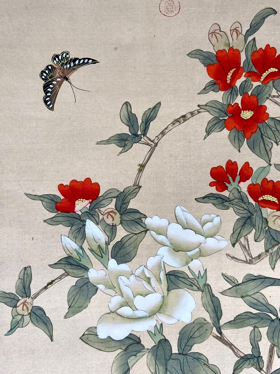 China, 1950s, Butterfly Silk Painting Among Vegetation And Flowers.-photo-1