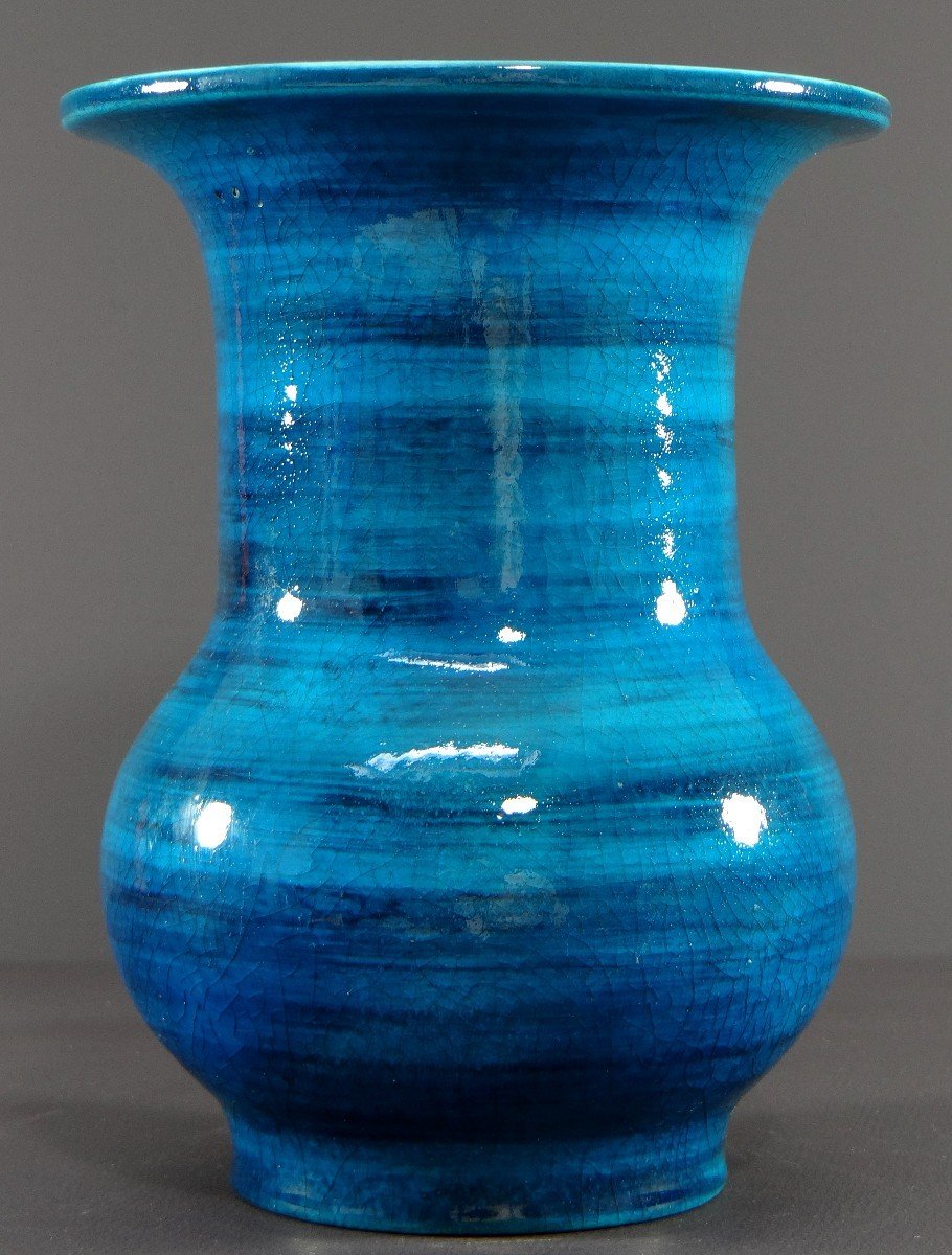 France, Années 1950, Vase En Céramique émaillée En Camaïeu De Bleu. -photo-2