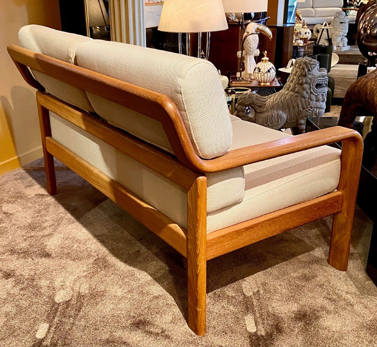 Danemark, Années 1970, L. Olsen & Son, Rare Canapé Deux Places En Teck Et Tissu. -photo-4