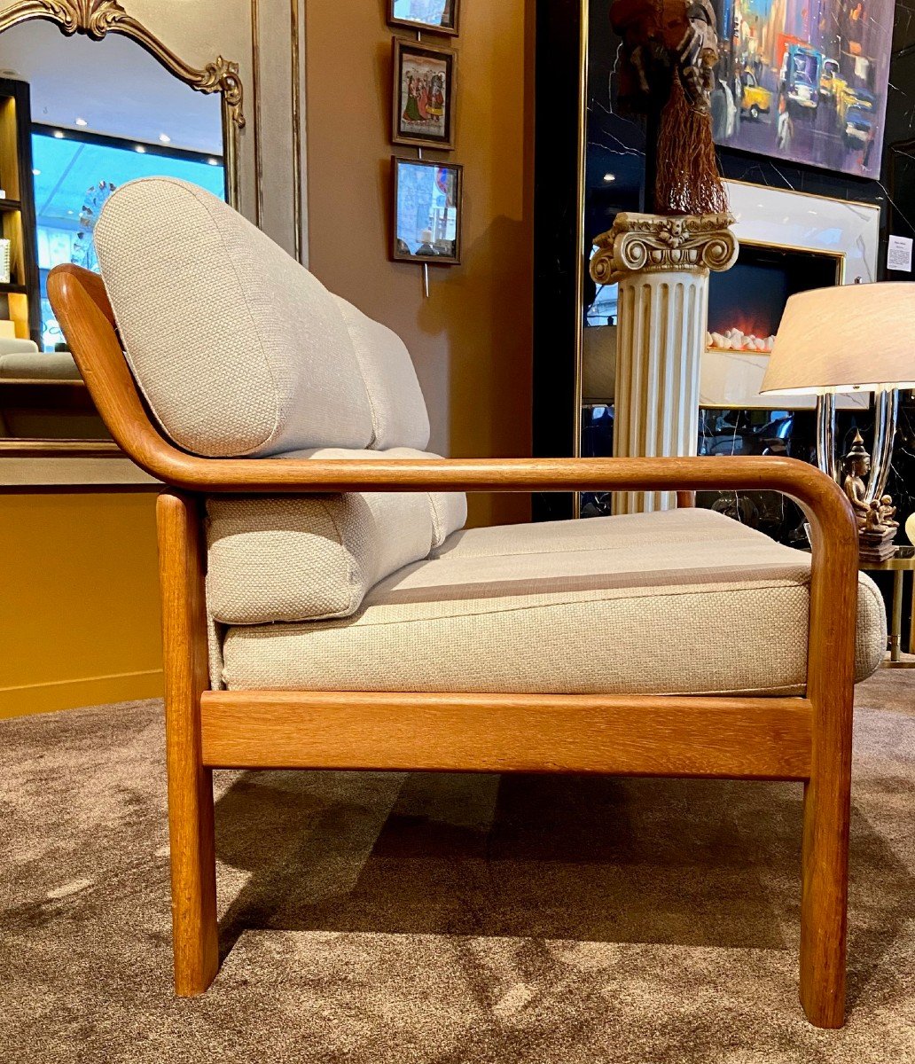 Danemark, Années 1970, L. Olsen & Son, Rare Canapé Deux Places En Teck Et Tissu. -photo-1