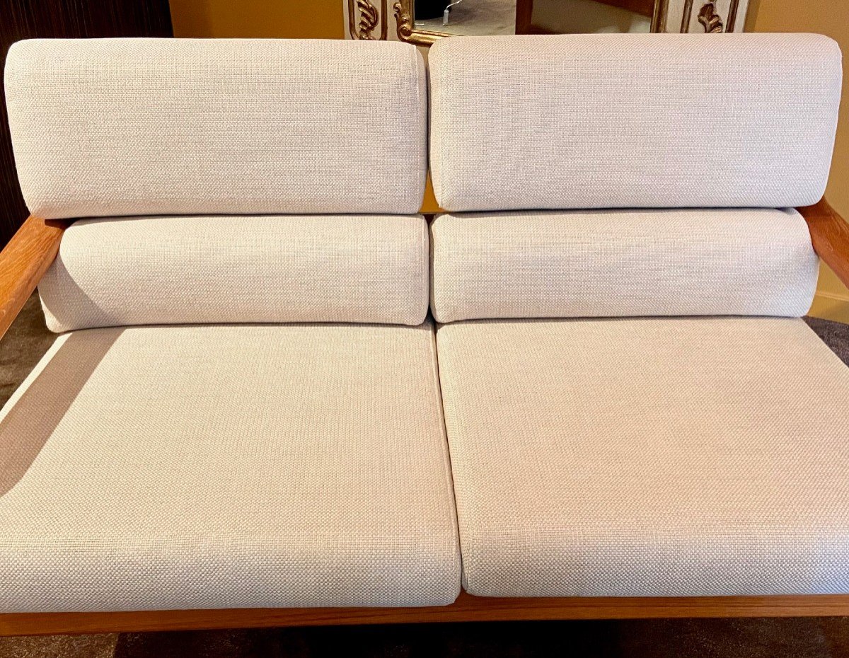 Danemark, Années 1970, L. Olsen & Son, Rare Canapé Deux Places En Teck Et Tissu. -photo-3