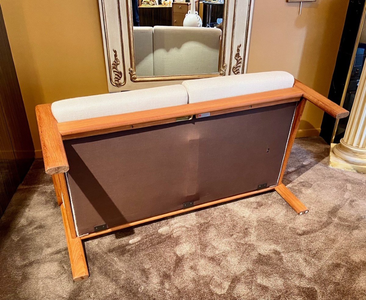 Danemark, Années 1970, L. Olsen & Son, Rare Canapé Deux Places En Teck Et Tissu. -photo-6