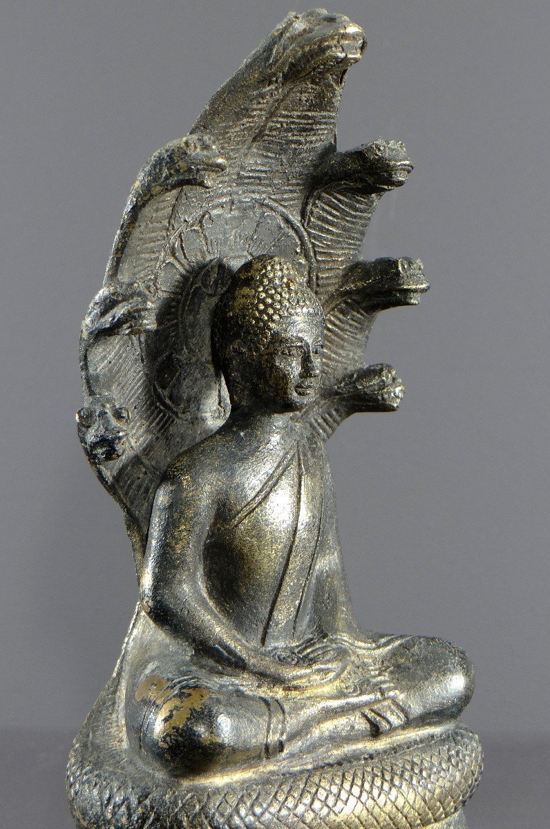 Thailand Or Burma, 1930s/1950s, Statue Of Buddha Under The Naga In Bronze.-photo-2
