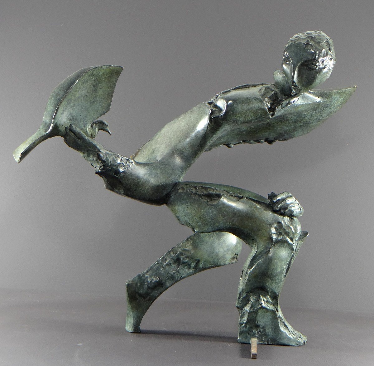 Bernard Vié (born In 1947), Bronze Statue "the Young Man And The Bird".-photo-2