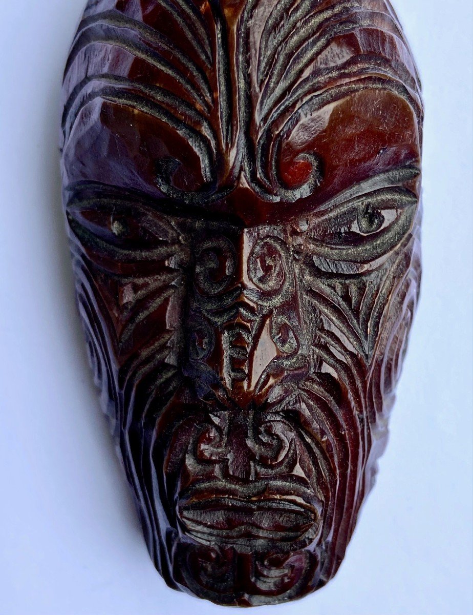 New Zealand, Maori People, 1930s/1950s, Miniature Wooden Mask "koruru Parata".-photo-2