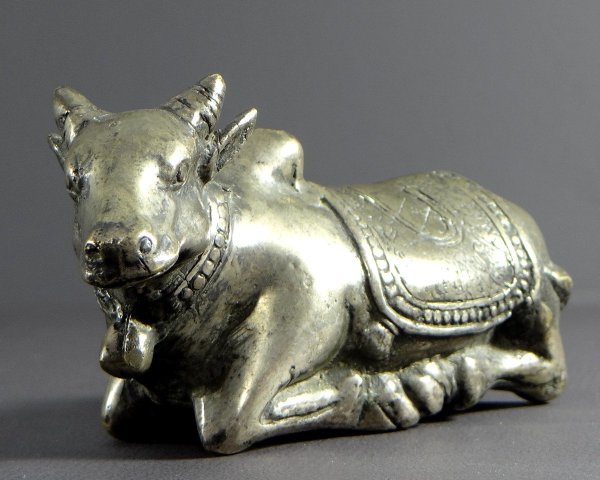 India, First Third Of The 20th Century, Silver Bronze Statue Nandi Bull, Mounted By Shiva.-photo-2