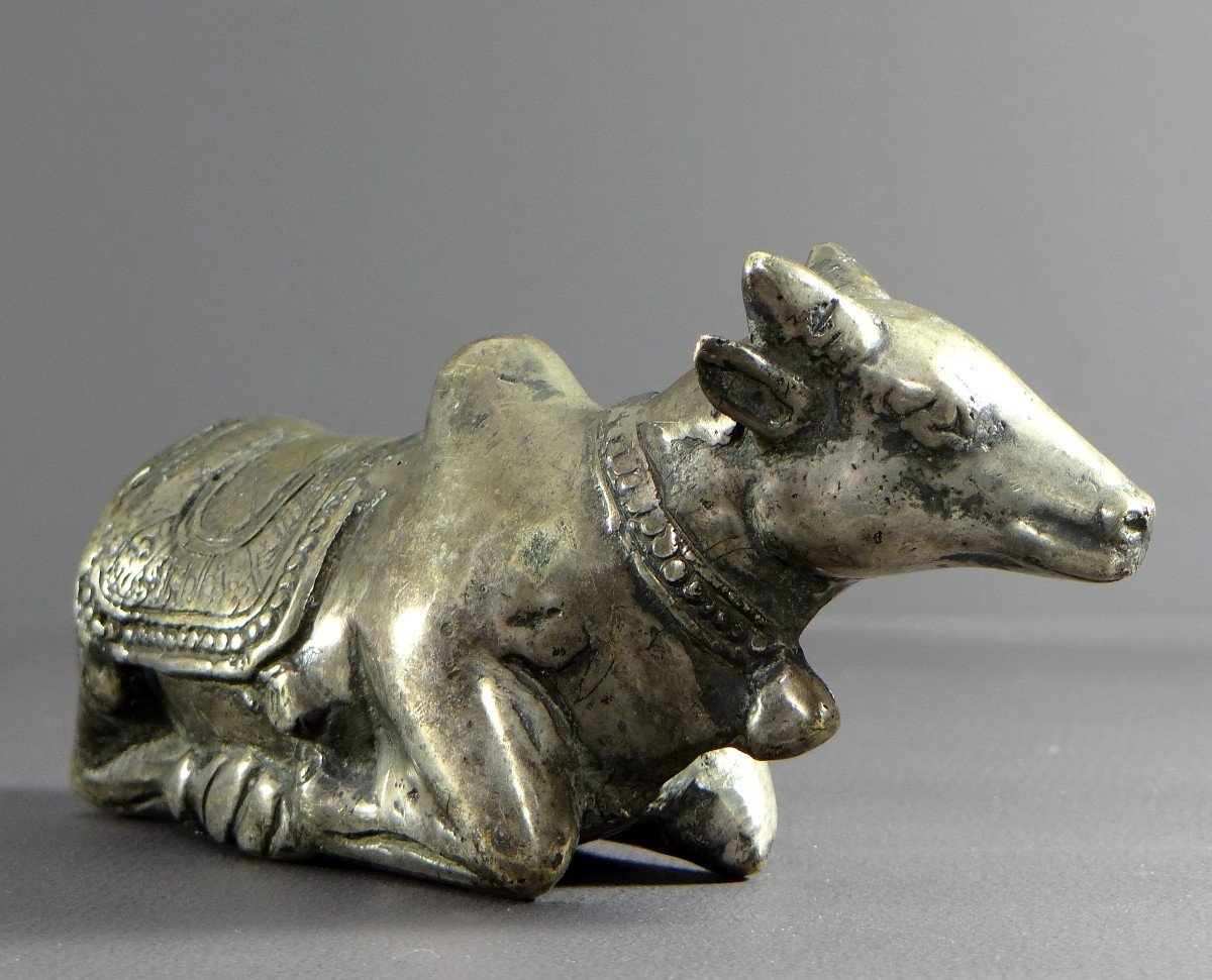 India, First Third Of The 20th Century, Silver Bronze Statue Nandi Bull, Mounted By Shiva.-photo-3