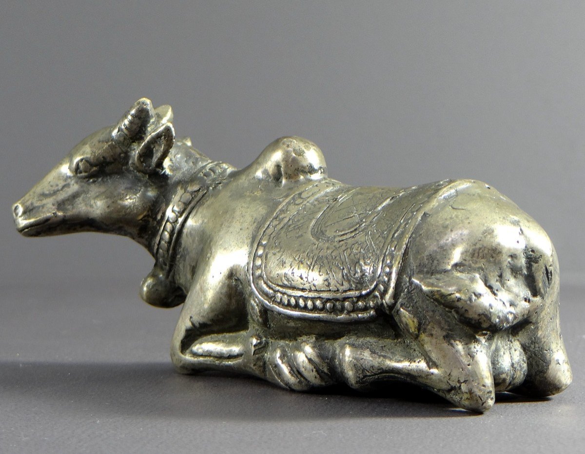 India, First Third Of The 20th Century, Silver Bronze Statue Nandi Bull, Mounted By Shiva.-photo-1