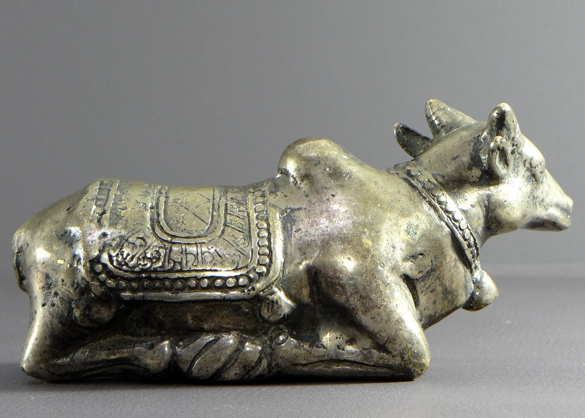 India, First Third Of The 20th Century, Silver Bronze Statue Nandi Bull, Mounted By Shiva.-photo-2