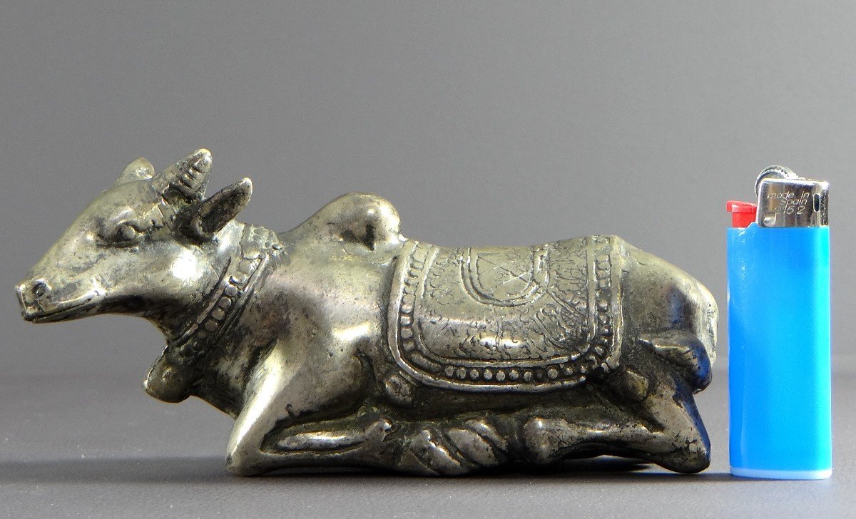 India, First Third Of The 20th Century, Silver Bronze Statue Nandi Bull, Mounted By Shiva.-photo-8