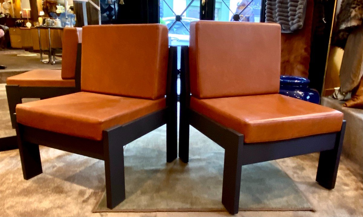 France, 1960s, Pair Of Wood And Faux Leather Low Chairs, Design Esprit André Sornay.
