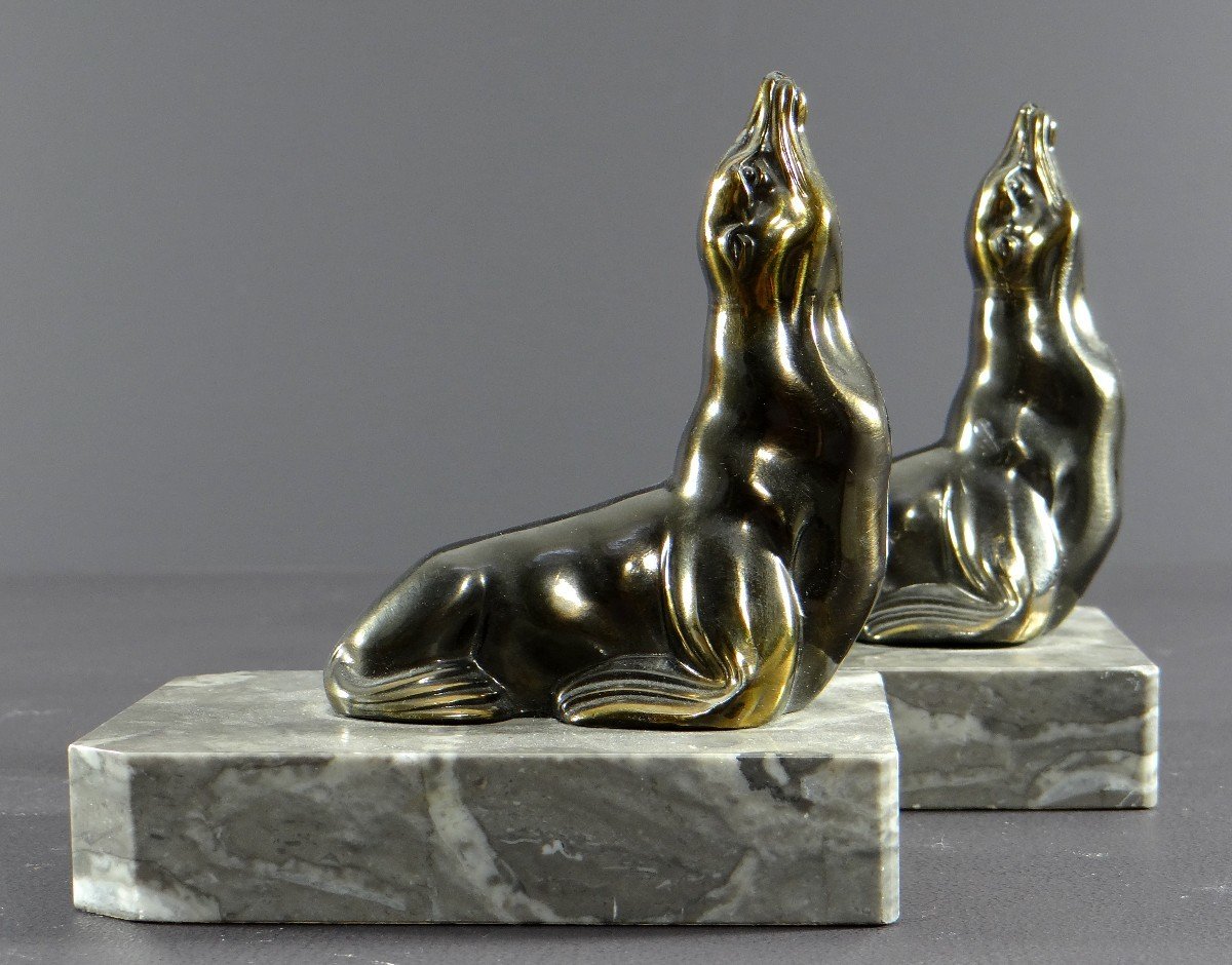 France, 1930s/1950s, Pair Of Cast Iron Art Bookends Depicting Sea Lions.-photo-2