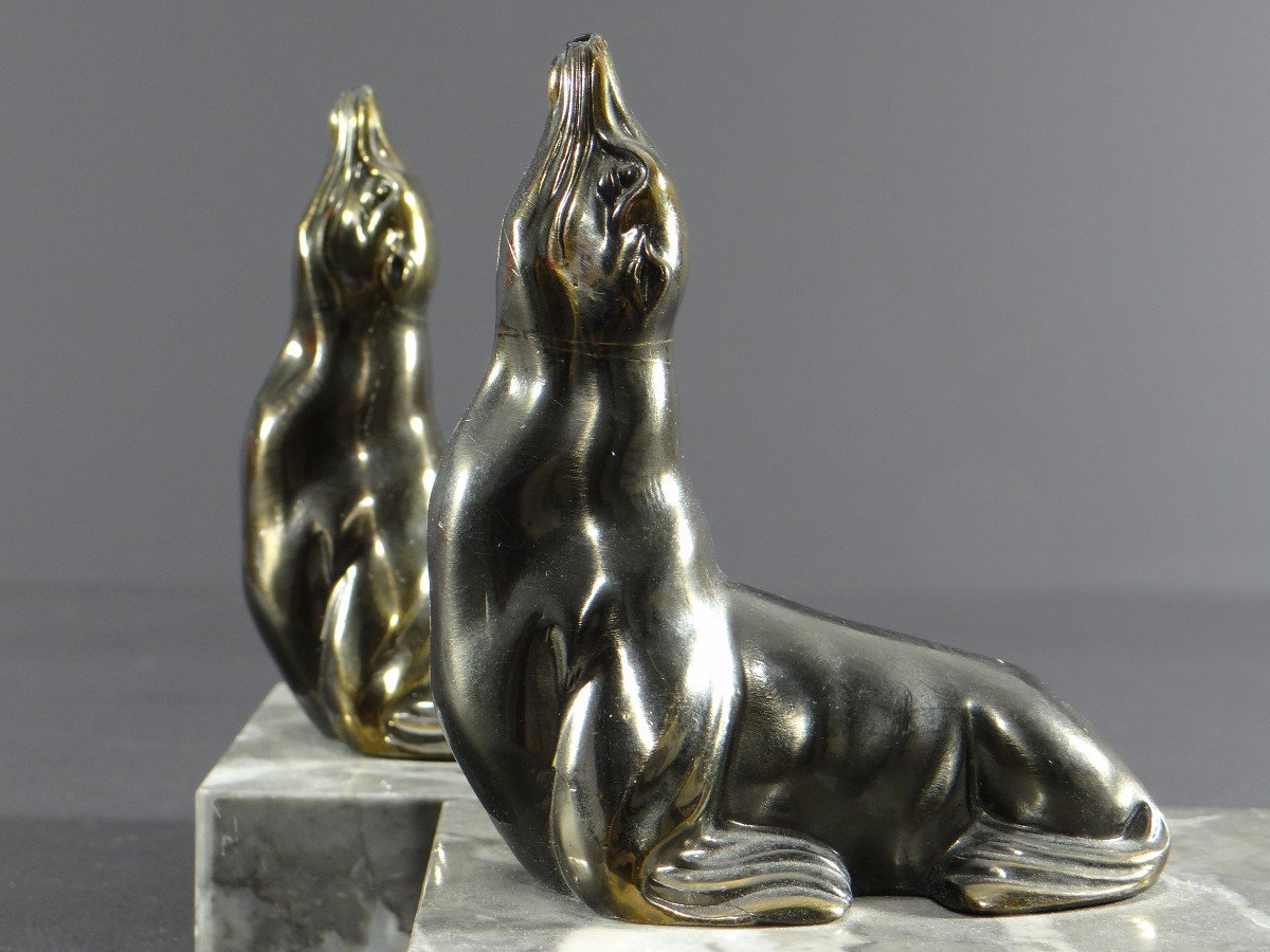 France, 1930s/1950s, Pair Of Cast Iron Art Bookends Depicting Sea Lions.-photo-1