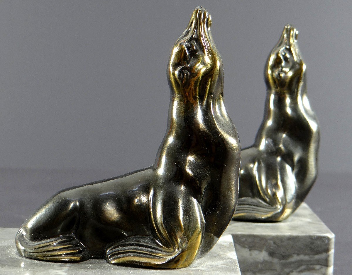 France, Années 1930/1950, Paire De Serre-livres En Fonte D’art  Figurant Des Otaries.