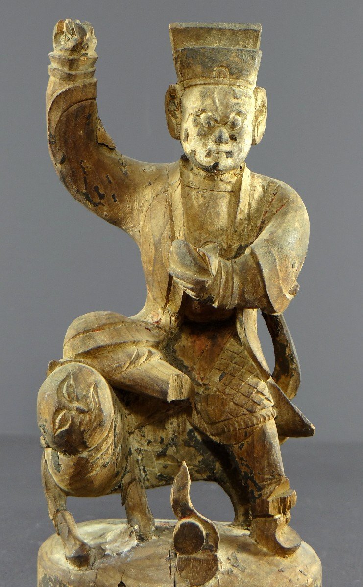Chine, Début Du XIXème Siècle, Statue De Chao Kung Ming En Bois Sculpté. -photo-2