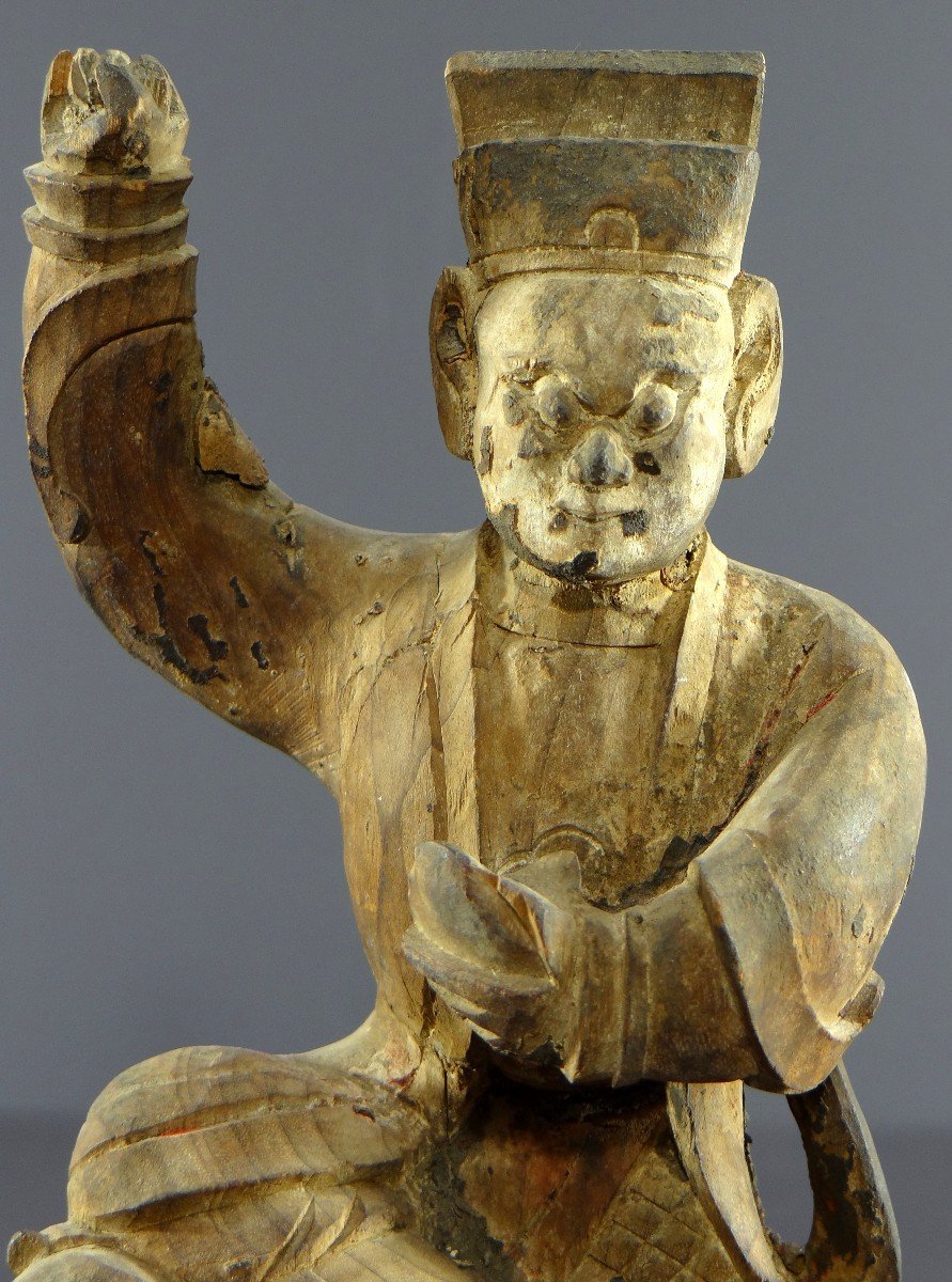 Chine, Début Du XIXème Siècle, Statue De Chao Kung Ming En Bois Sculpté. -photo-4