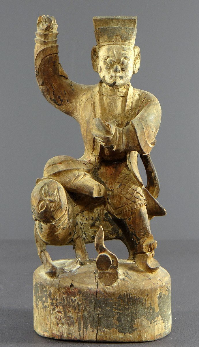 Chine, Début Du XIXème Siècle, Statue De Chao Kung Ming En Bois Sculpté. 