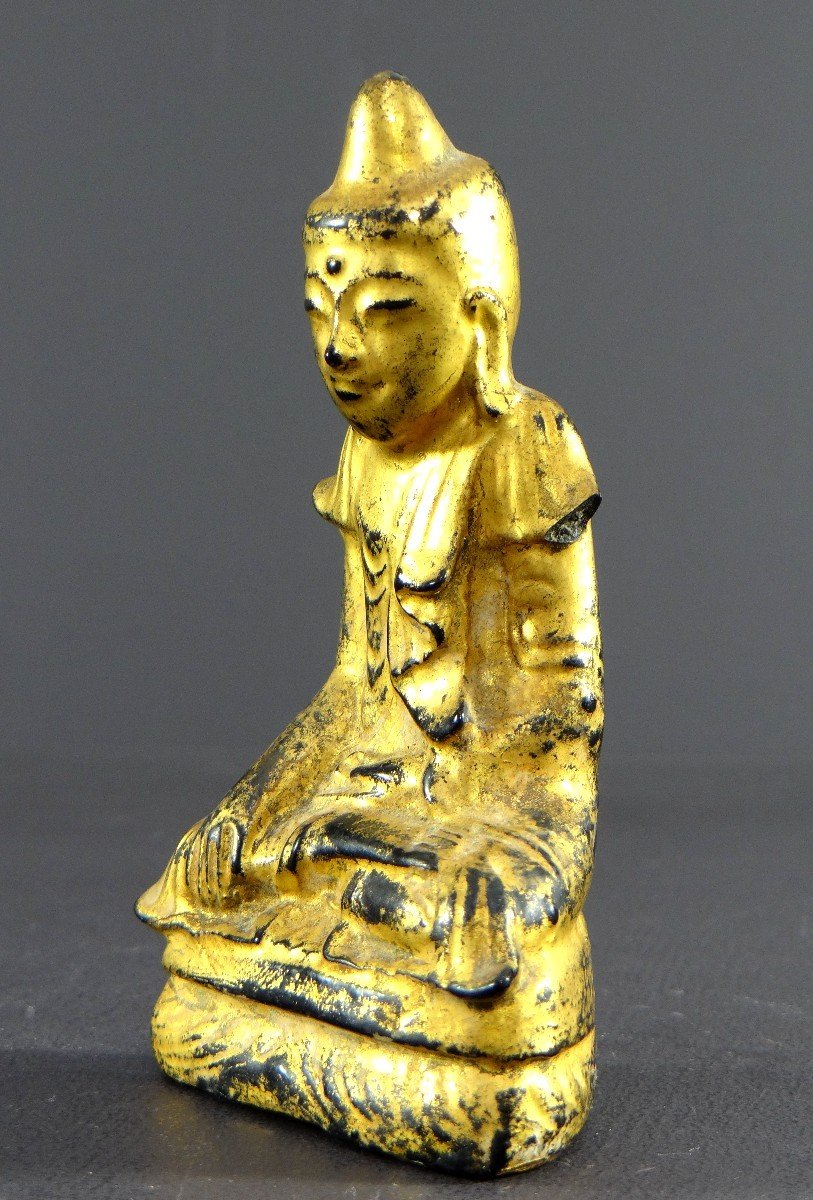 Burma, Early 20th Century, Buddha Statue In Lacquered Wood With Gold Leaf.-photo-1