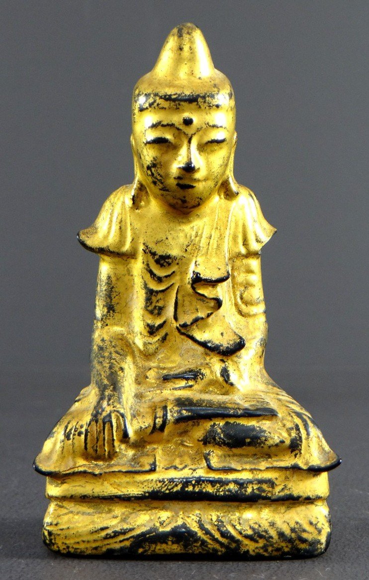 Burma, Early 20th Century, Buddha Statue In Lacquered Wood With Gold Leaf.
