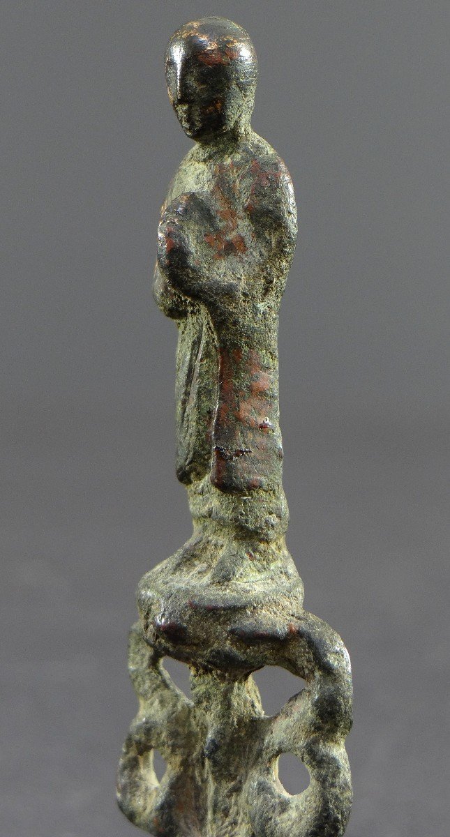 Chine, Période Dynastie Tang (618-907), Rare Statue Miniature En Bronze De Moine Bouddhiste. -photo-7