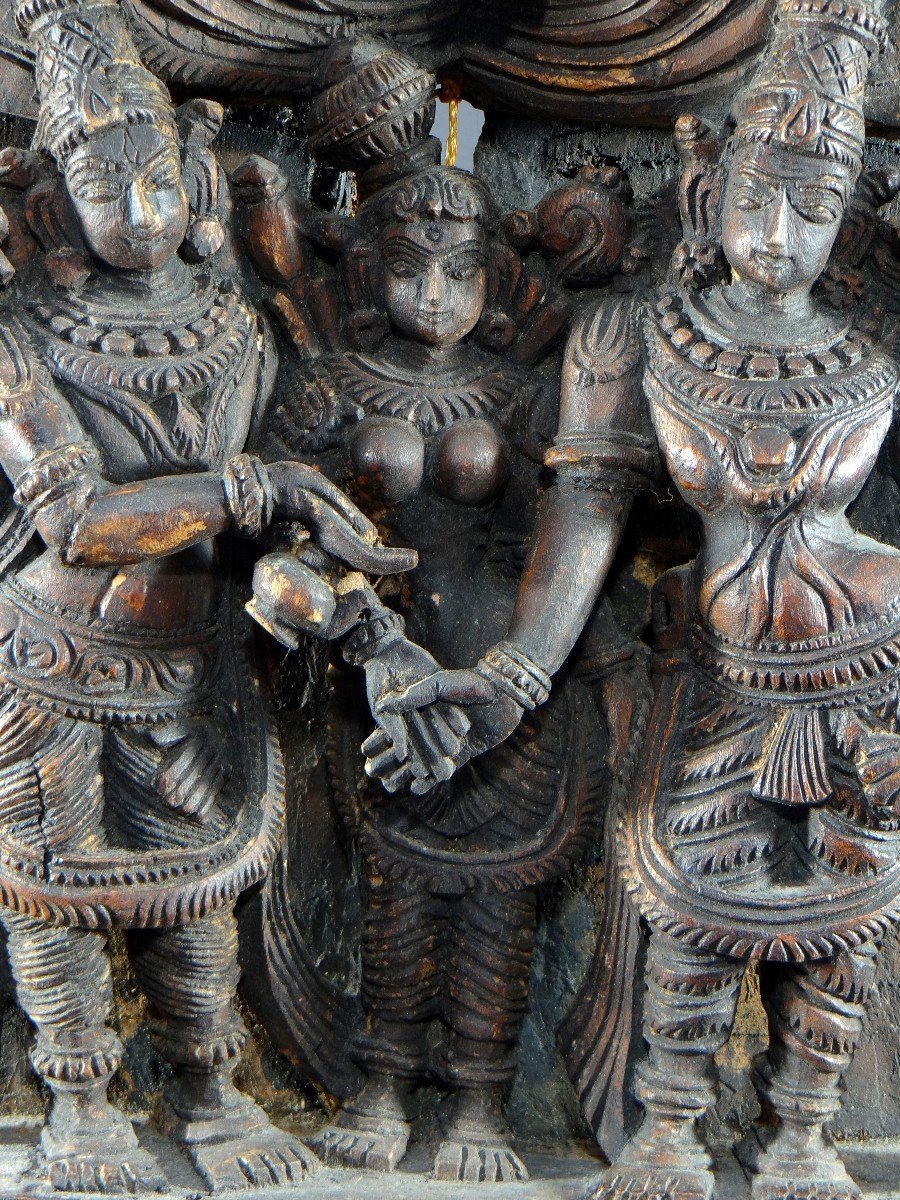 India, 20th Century, Carved Wooden Chariot Panel Representing Meenakshi's Marriage.-photo-2