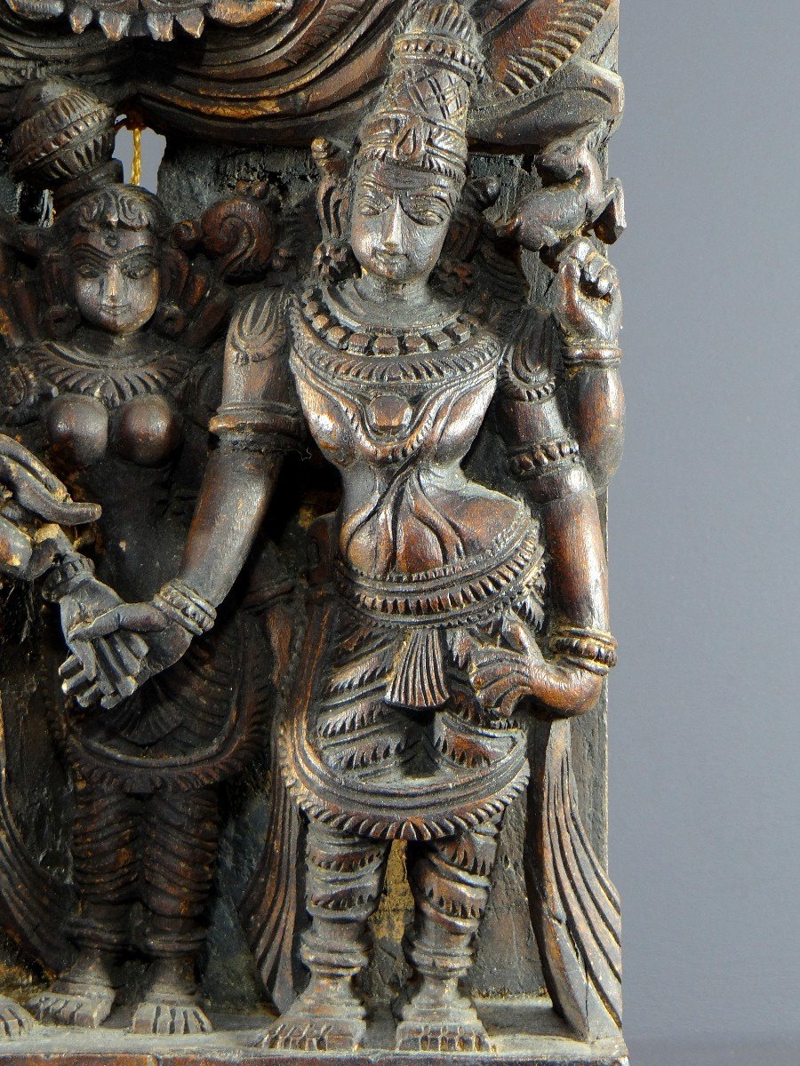 India, 20th Century, Carved Wooden Chariot Panel Representing Meenakshi's Marriage.-photo-4