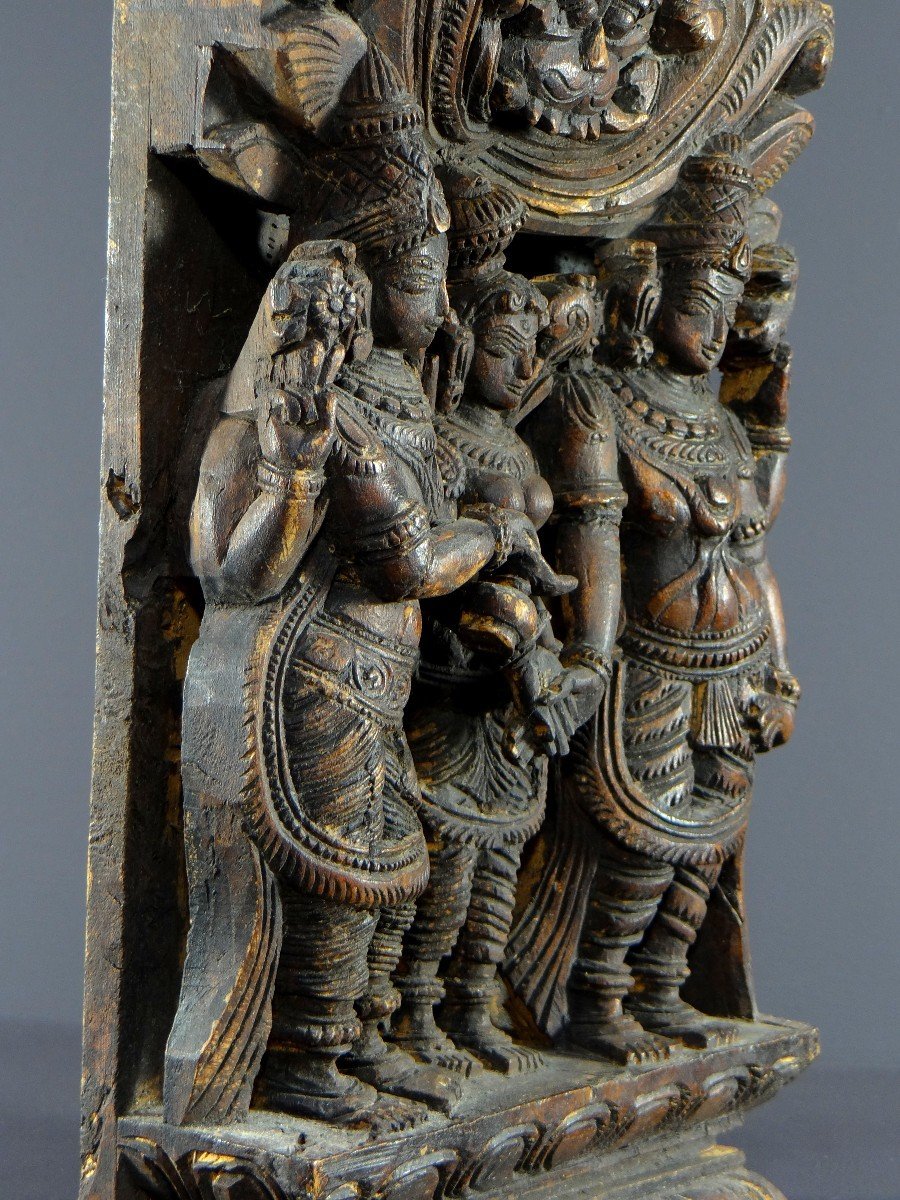 India, 20th Century, Carved Wooden Chariot Panel Representing Meenakshi's Marriage.-photo-4