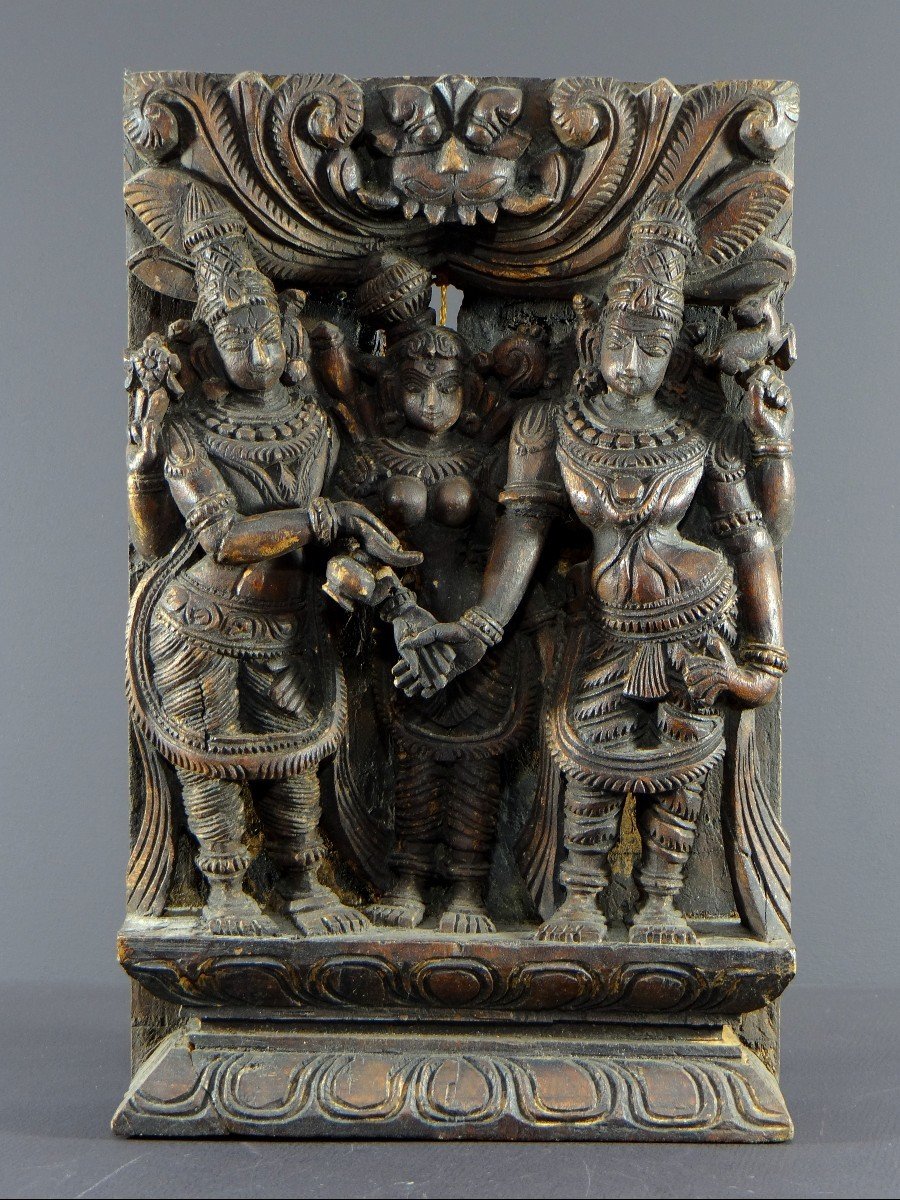 India, 20th Century, Carved Wooden Chariot Panel Representing Meenakshi's Marriage.