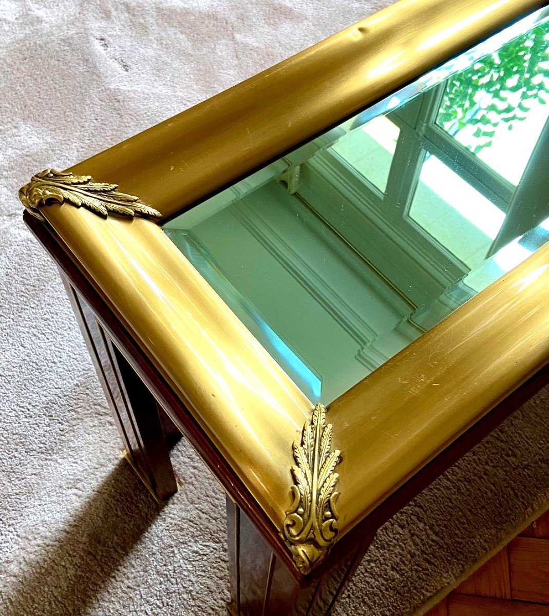 Portugal, Années 1970, Console En Bois Et Laiton Présentant Un Plateau Miroir à Biseaux. -photo-4