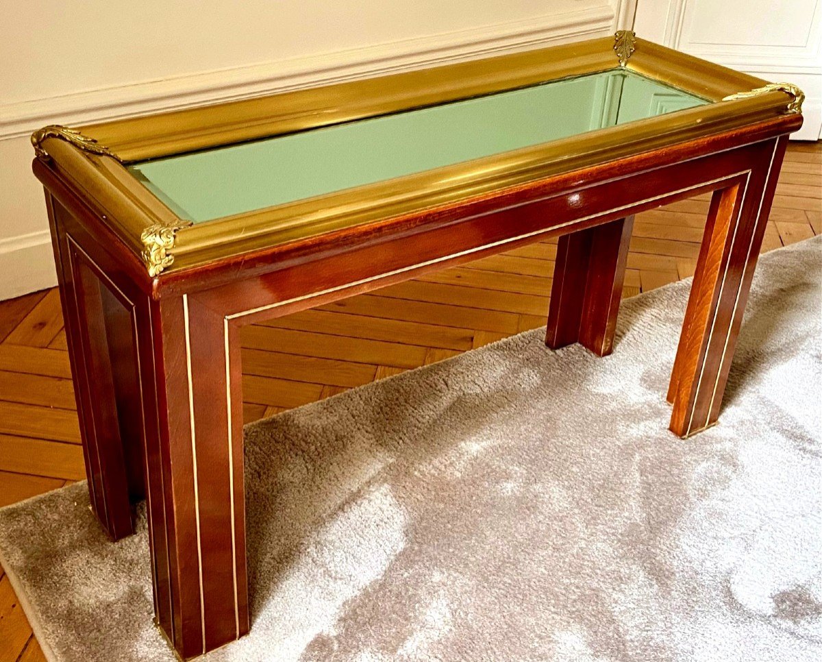 Portugal, Années 1970, Console En Bois Et Laiton Présentant Un Plateau Miroir à Biseaux. 