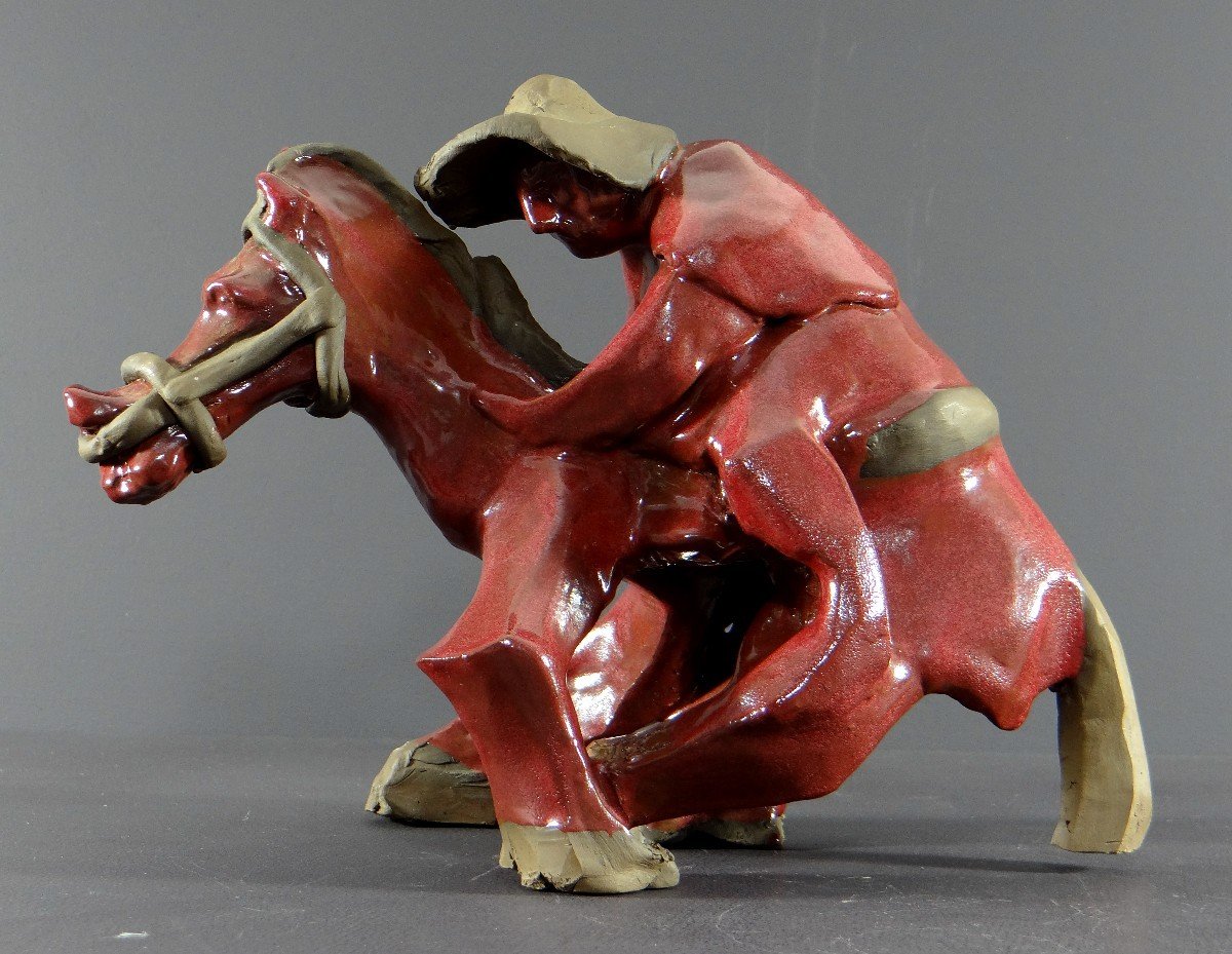 Philippe Rochette-castel (1941-2023) Ceramic Sculpture Depicting A Rider On His Mount-photo-1