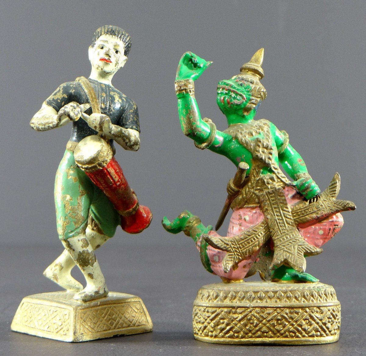 Thaïlande, Années 1930, Quatre Petites Statuettes En Bronze Peint, Danseurs Et Musiciens.-photo-4