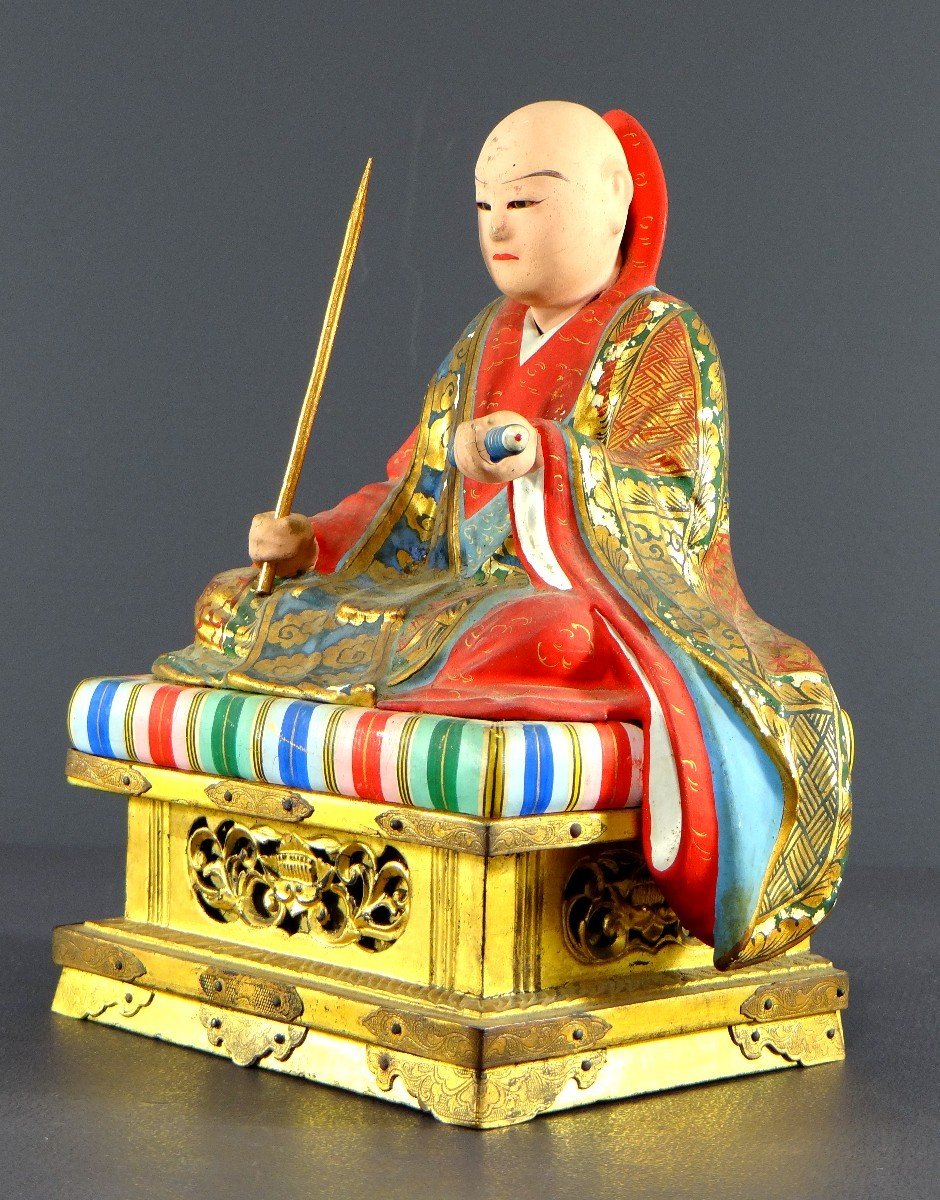 Japan, Early 20th Century, Wooden And Polychrome Plaster Statue Of The Monk Nichiren Shonin.-photo-1