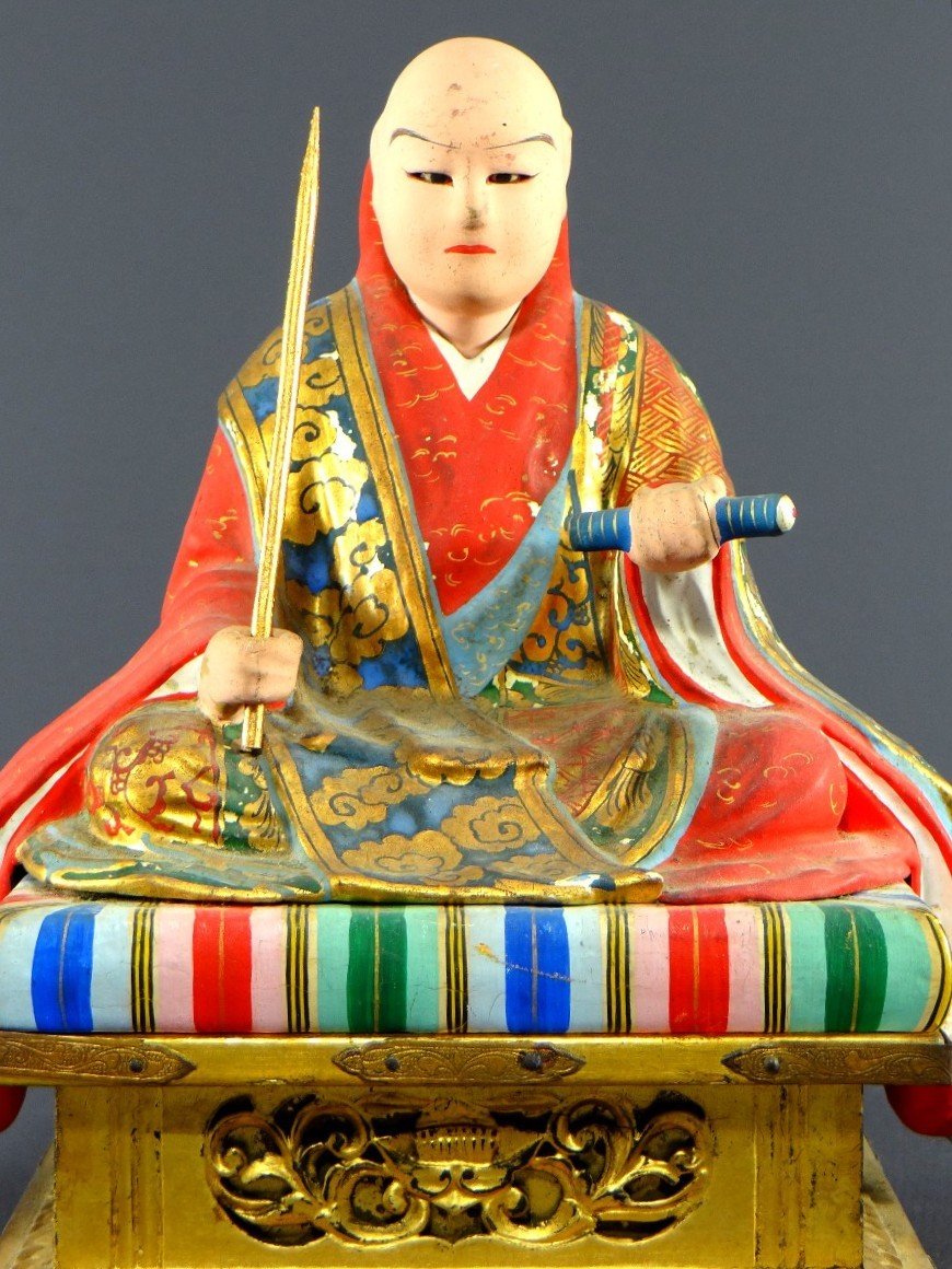 Japan, Early 20th Century, Wooden And Polychrome Plaster Statue Of The Monk Nichiren Shonin.-photo-2