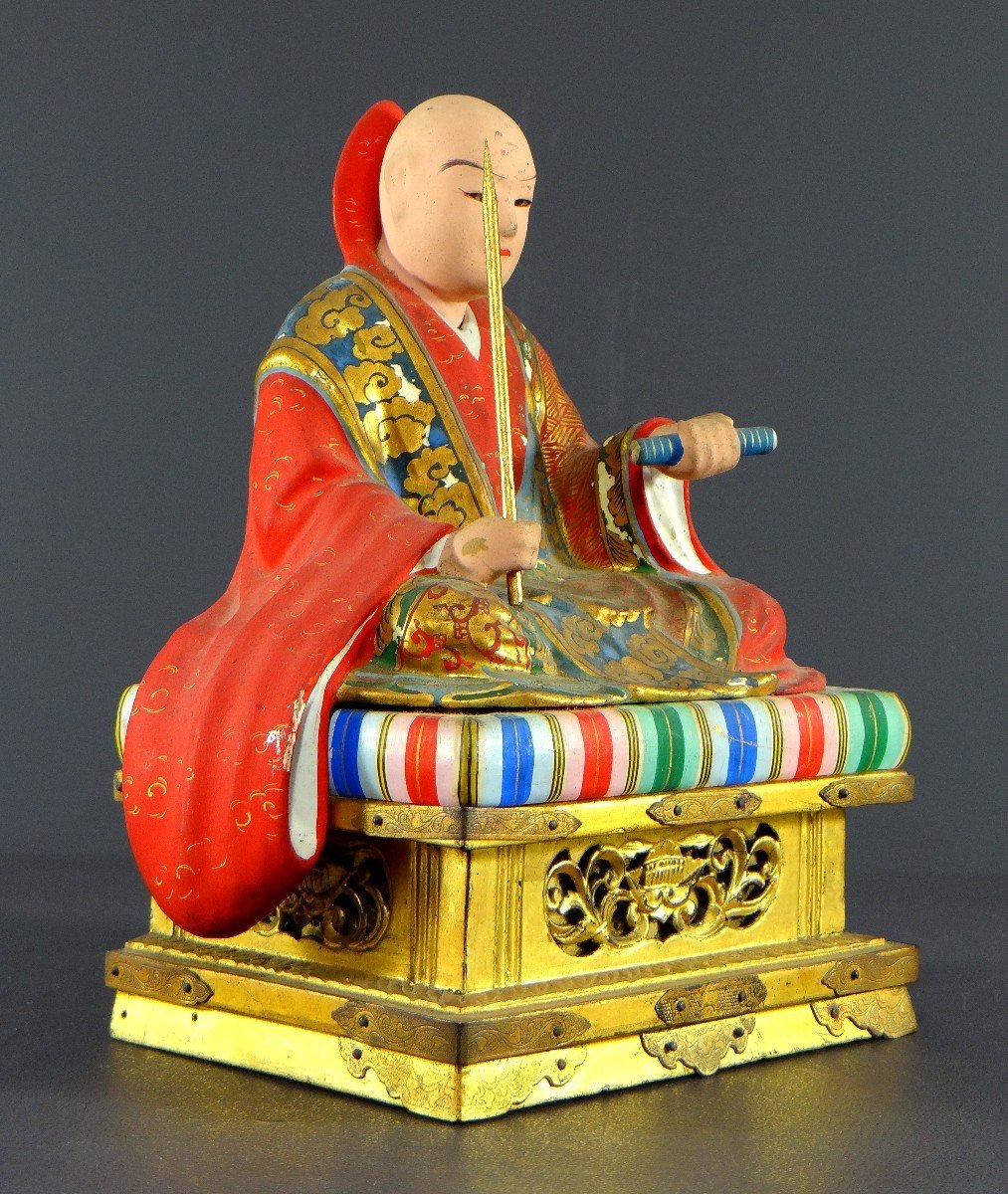Japan, Early 20th Century, Wooden And Polychrome Plaster Statue Of The Monk Nichiren Shonin.-photo-3