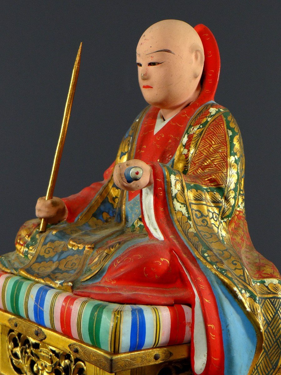 Japan, Early 20th Century, Wooden And Polychrome Plaster Statue Of The Monk Nichiren Shonin.-photo-4