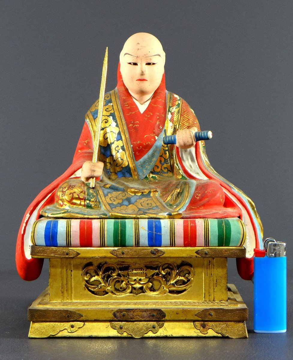 Japan, Early 20th Century, Wooden And Polychrome Plaster Statue Of The Monk Nichiren Shonin.-photo-8