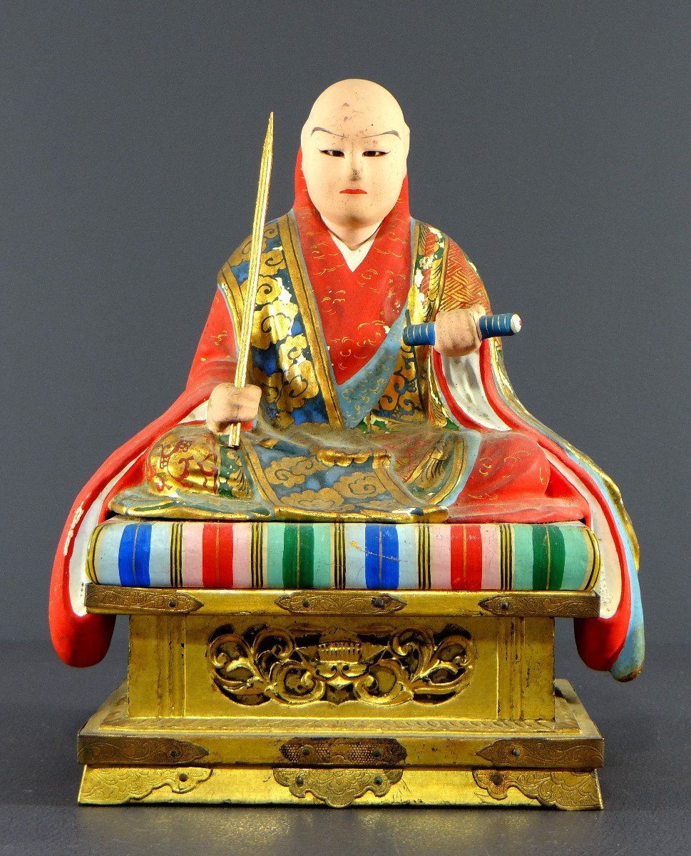 Japan, Early 20th Century, Wooden And Polychrome Plaster Statue Of The Monk Nichiren Shonin.