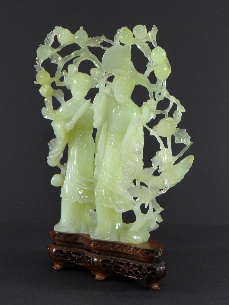China, First Half Of The 20th Century, Celadon Jade Sculpture Depicting Two Court Ladies.-photo-2