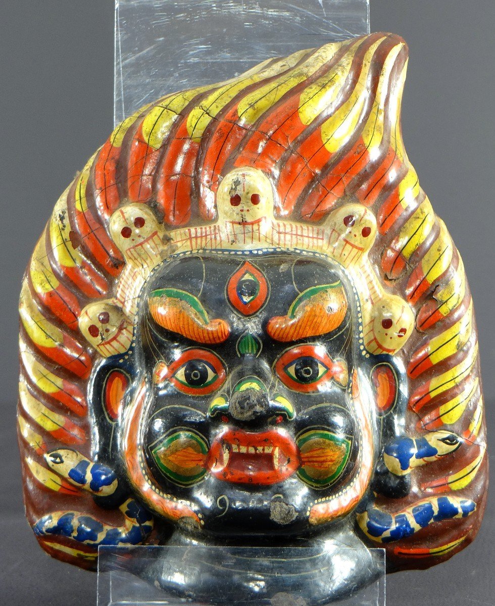 Tibet, First Half Of The 20th Century, Polychrome Boiled Cardboard Mask Depicting Mahakala.-photo-3