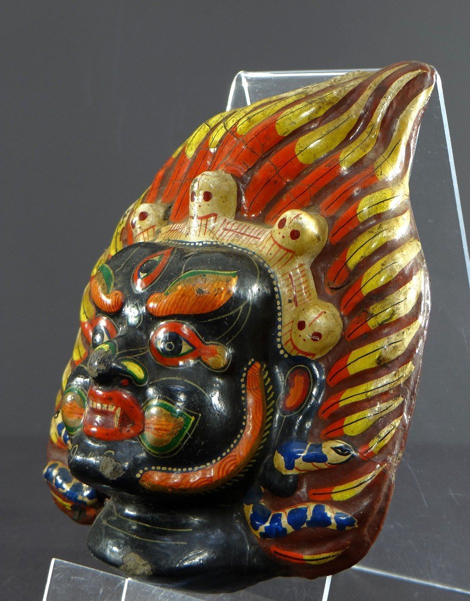 Tibet, First Half Of The 20th Century, Polychrome Boiled Cardboard Mask Depicting Mahakala.-photo-4