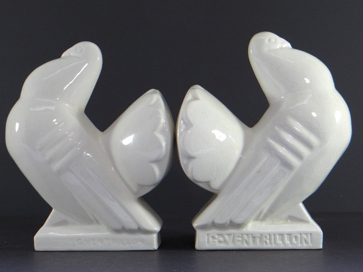Manufacture De Saint-clément, Années 1930,  Paire De Serre-livres Figurant Des Pigeons.-photo-5