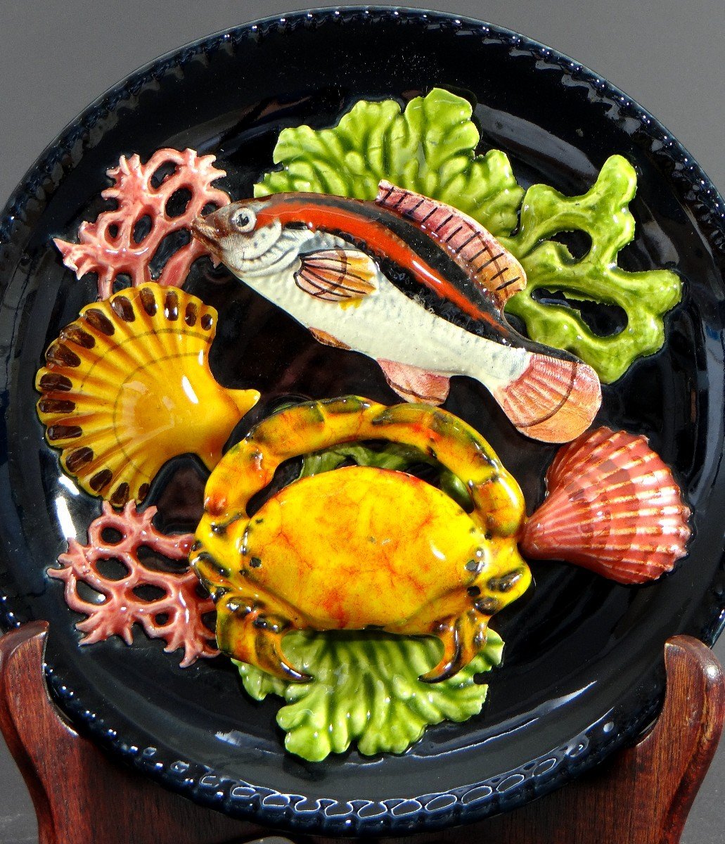 Vallauris, 1950s, Trompe l'Oeil Plate Decor Fish, Crab, Shells, Coral. -photo-3