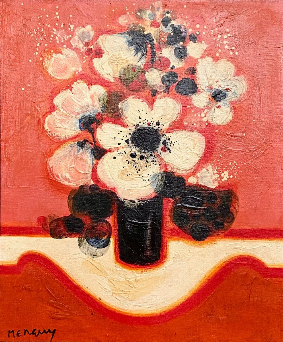 Frédéric Menguy (1927-2007),  Huile Sur Toile Des Années 1970 Titrée « Fleurs Blanches ».-photo-2